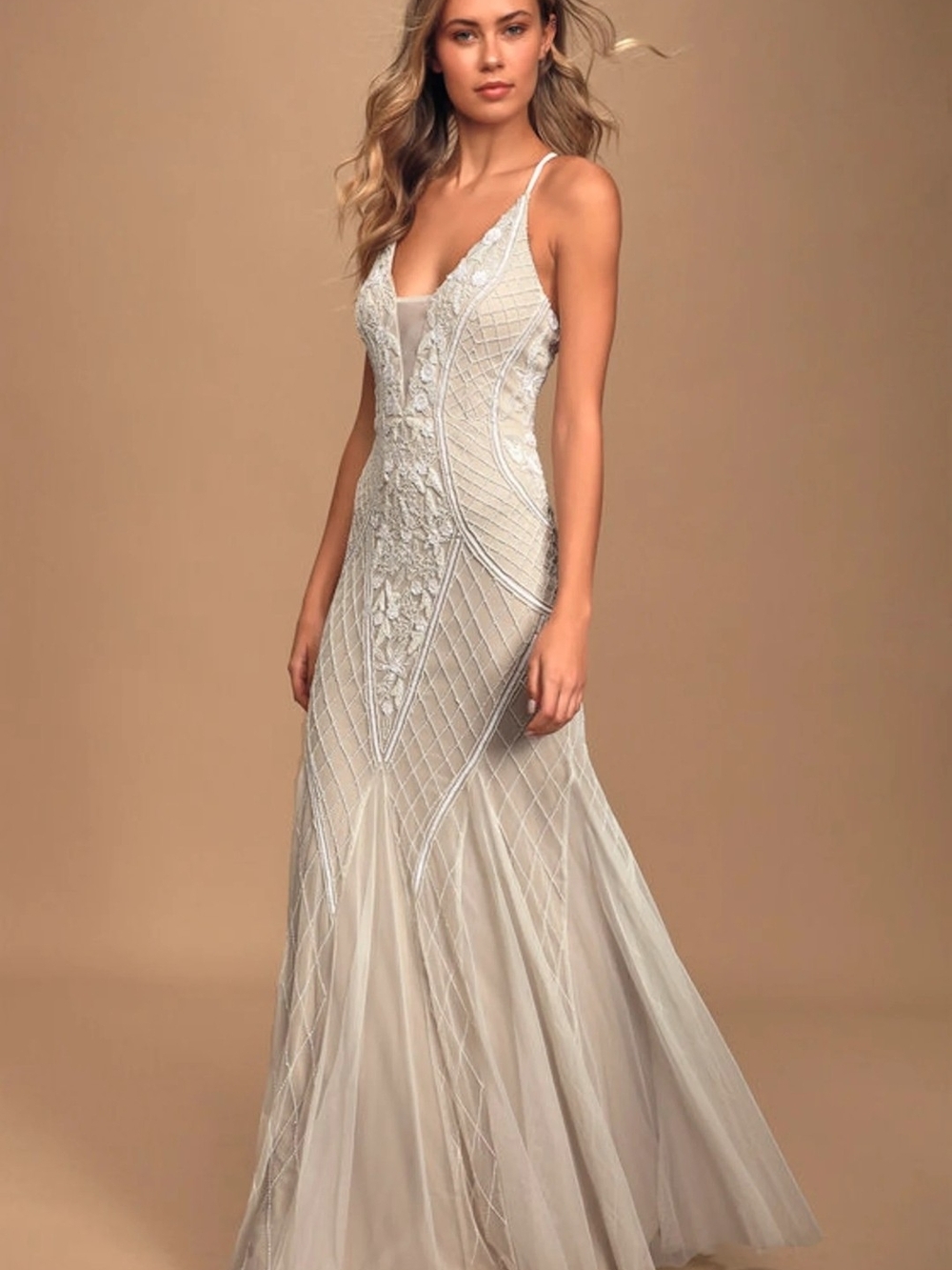 Lulu's This I Promise You White and Nude Beaded Sequin Maxi Dress NWOT
